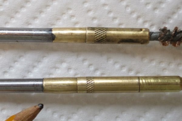 The author prefers not to have Teflon on his cleaning rods so he cuts it off to create more distance from rod surface to the barrel. He carefully bevels the jag attachment points to prevent harmful contact with the rifle barrel or chamber should that happen.